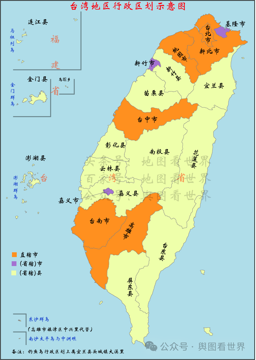 除了臺灣省外,臺灣地區還管轄福建省的金門縣和0