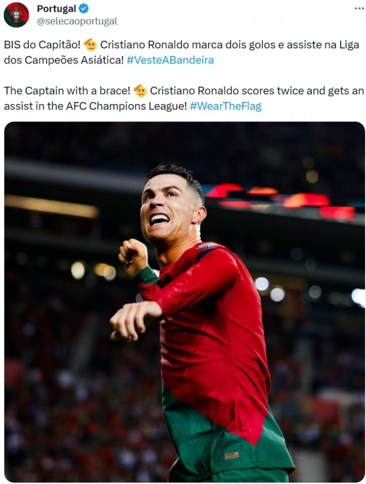 赛后葡萄牙国家队官推也晒出c罗照片为其精彩发挥送上祝贺,配文写道:"