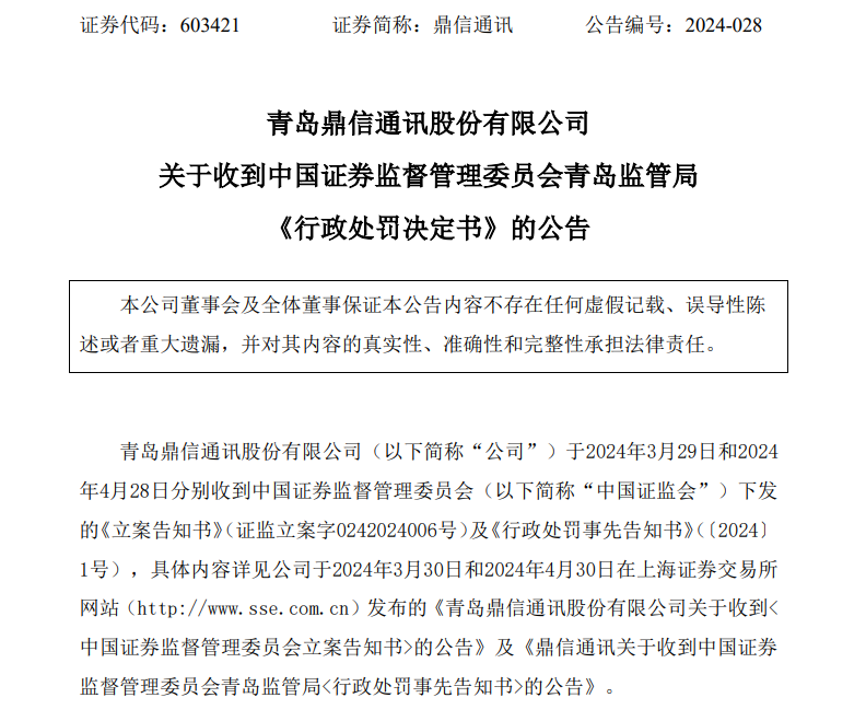 鼎信通讯及董事长王建华等多名高管收275万元罚单,因