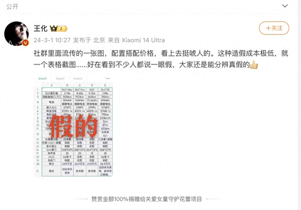 网传小米汽车219万起售小米王化发文辟谣