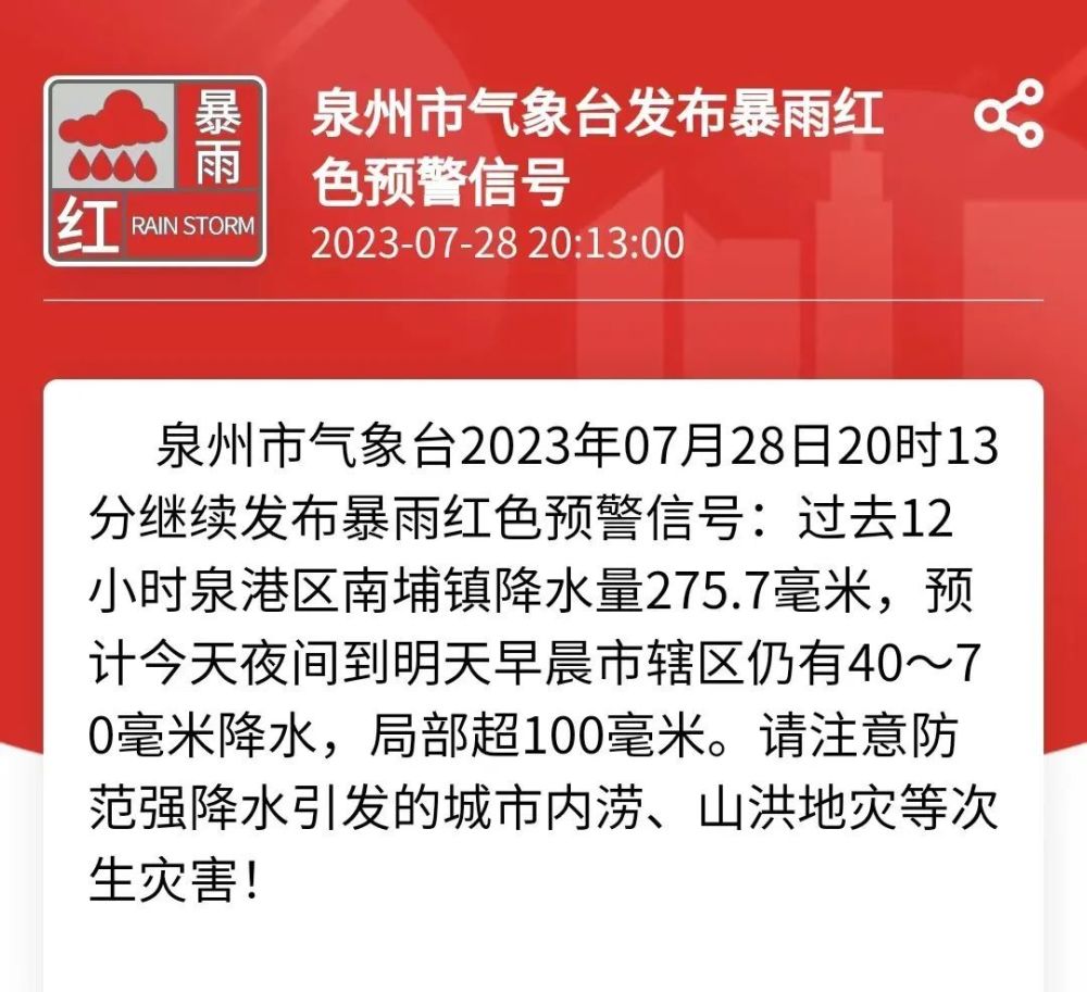 发布暴雨红色预警信号福州,泉州及莆田多地截至目前福州仓山区南江滨