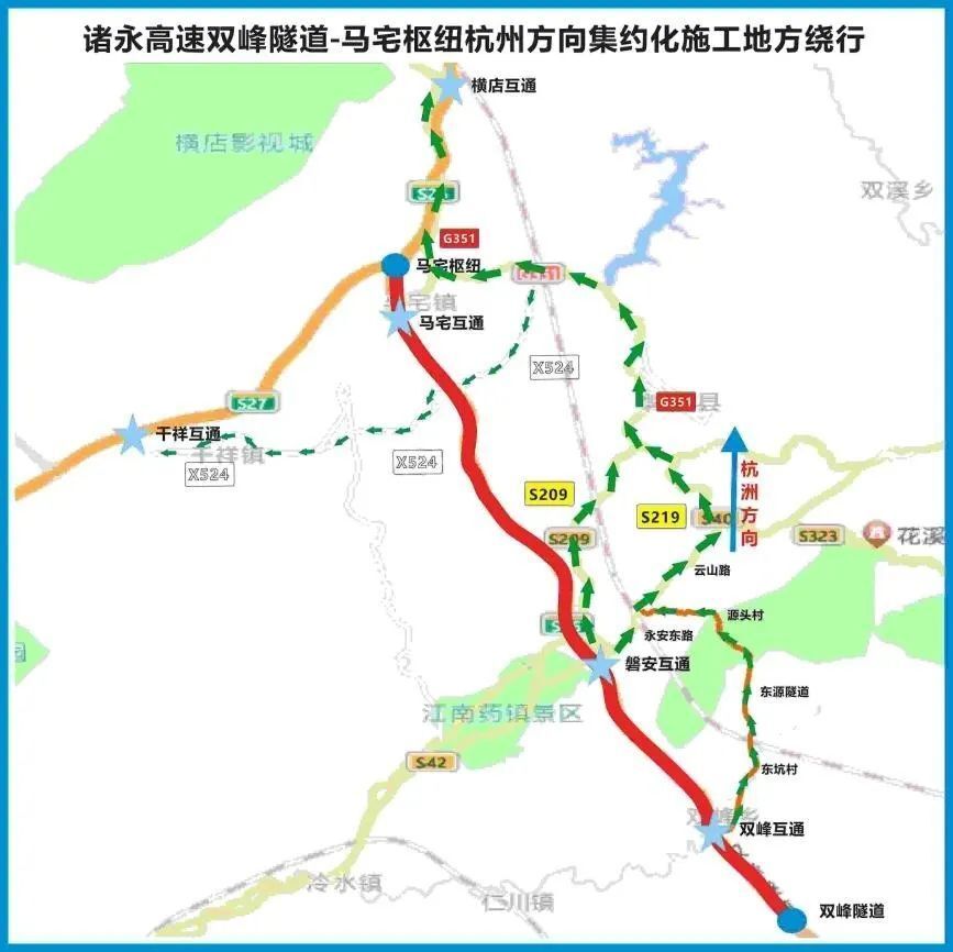 原s26诸永高速杭州方向的车辆,可通过s209或s219省道,绕行g351国道至