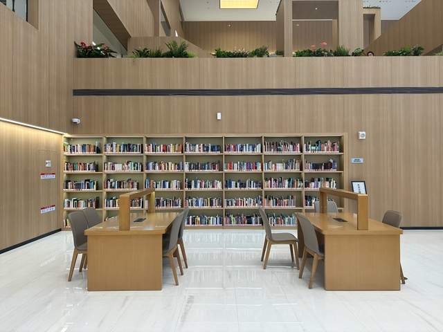 高新区图书馆内部设计以多个立方体块为主,如同巨石错落,在层层递进中