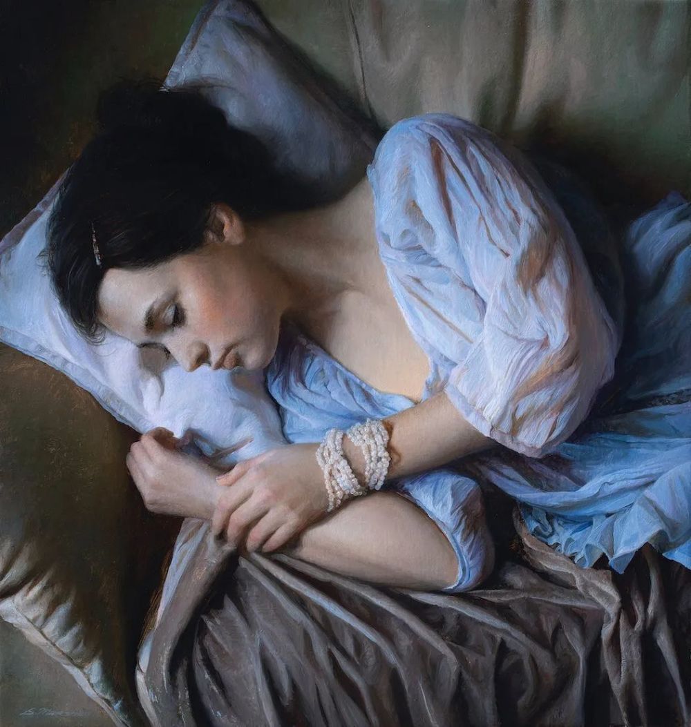 穿着薄纱侧躺在沙发上的女性油画把女人的美画绝了