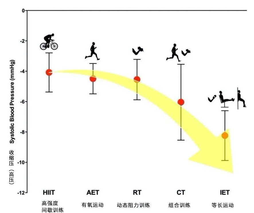 不同運動對收縮壓（高壓）的影響。《英國運動醫學》圖