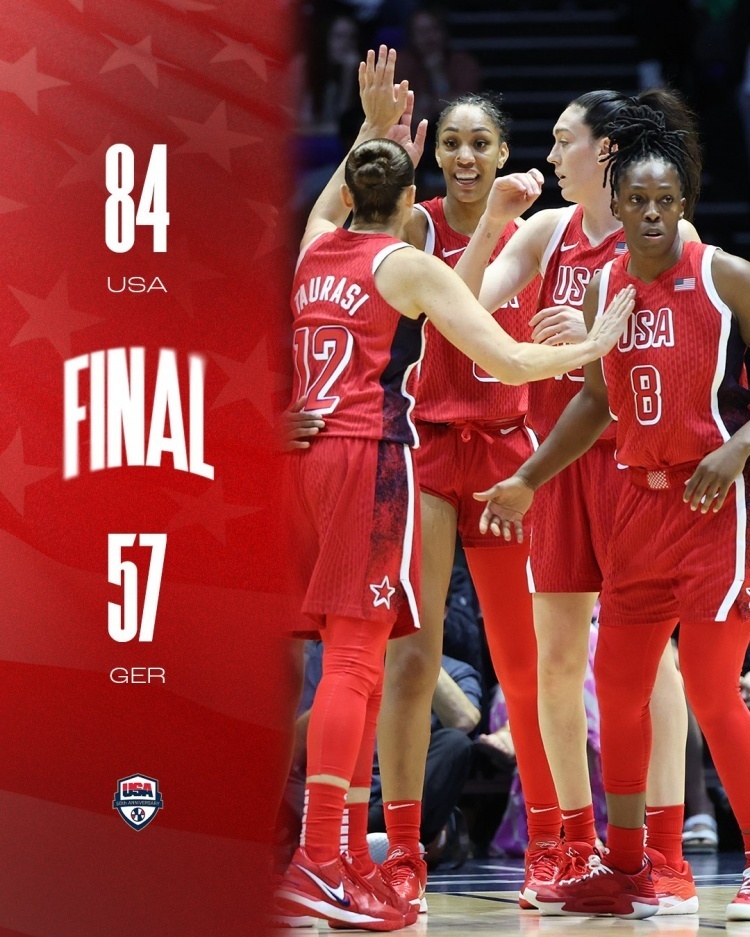 美国女篮此役三人上双,阿贾-威尔逊13投7中得到19分14篮板2抢断2盖帽