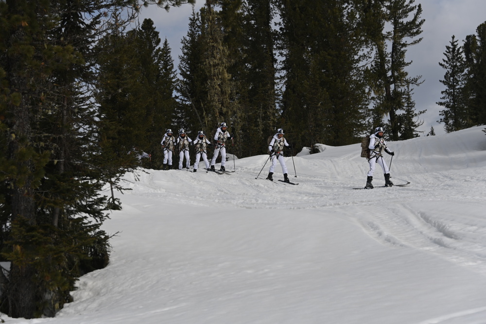 中国男子参赛队向伤员上送课目场地滑雪行军(4月7日摄)