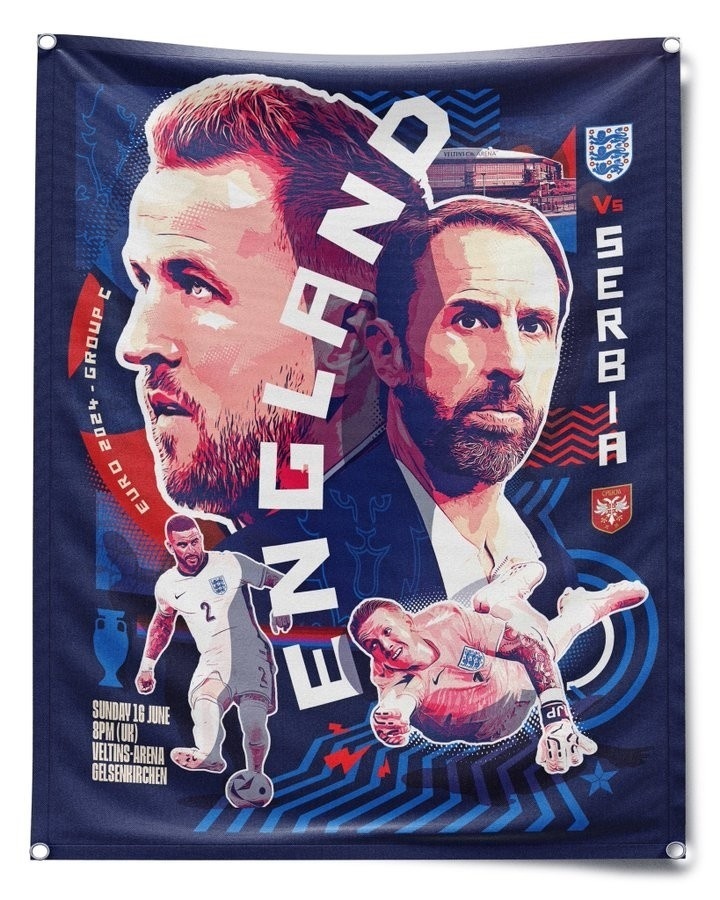 英格兰欧洲杯首战海报:索斯盖特,凯恩,皮克福德,沃克出镜