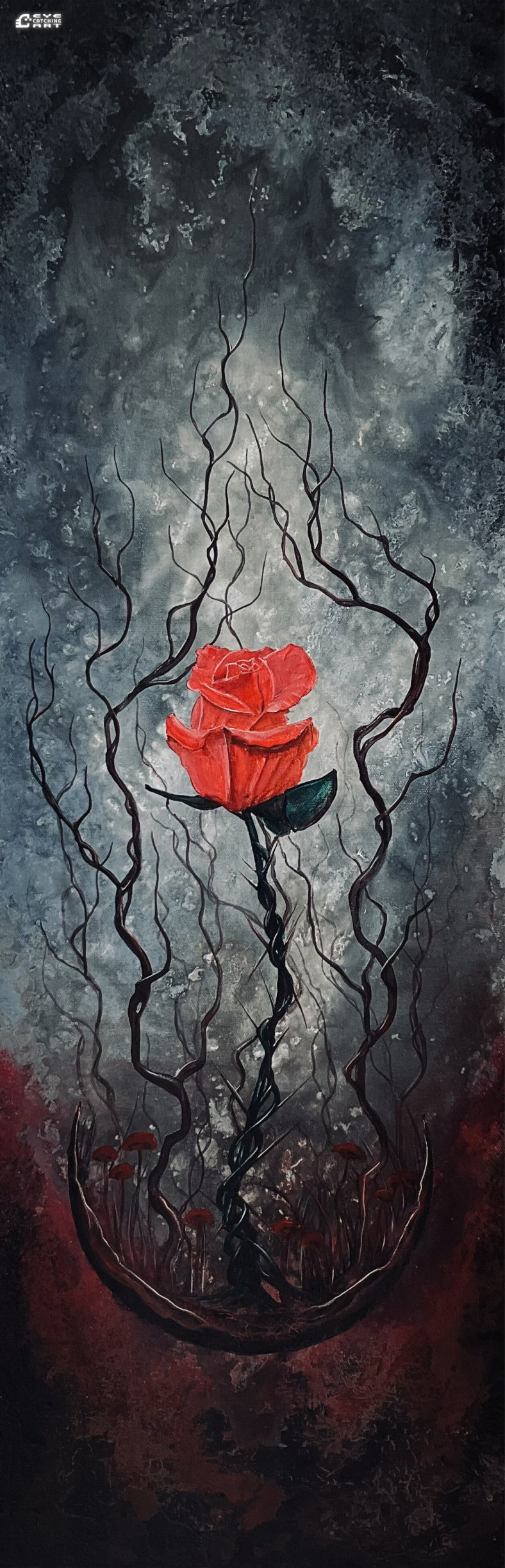 那些黑暗奇幻的文字具象化,成为一幅幅金属丙烯酸或者厚重的水彩作品