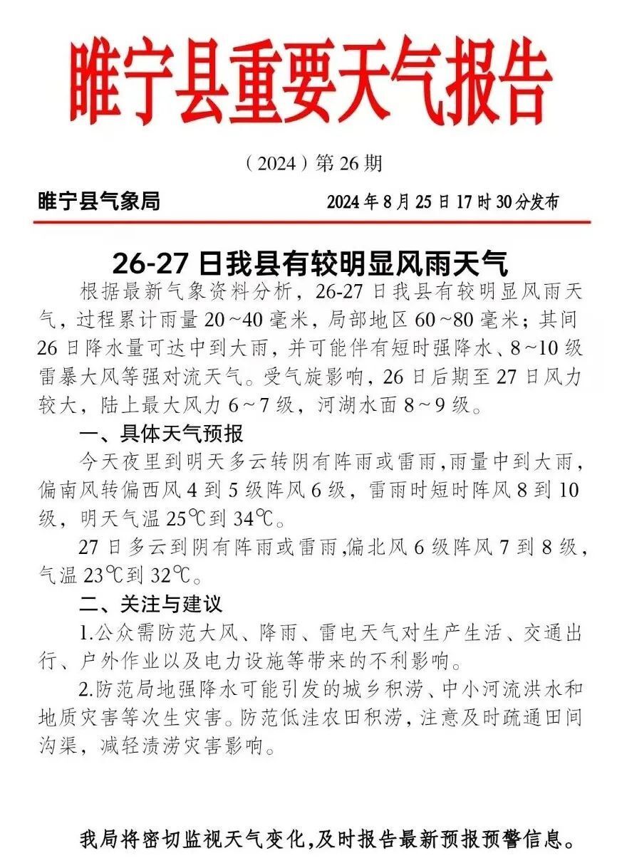 睢宁县气象局发布重要天气报告昨天(8月25日)17时30分○突发!