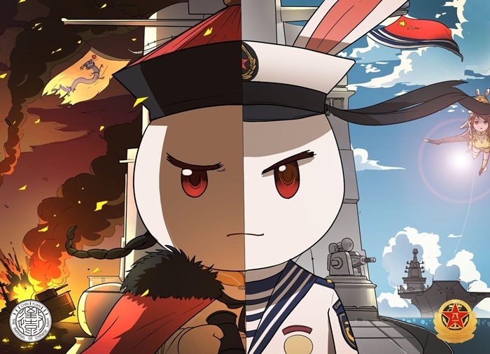 黄龙旗和冲天火光映照下充满杀气的邓世昌;右半边是劈波斩浪的辽宁舰