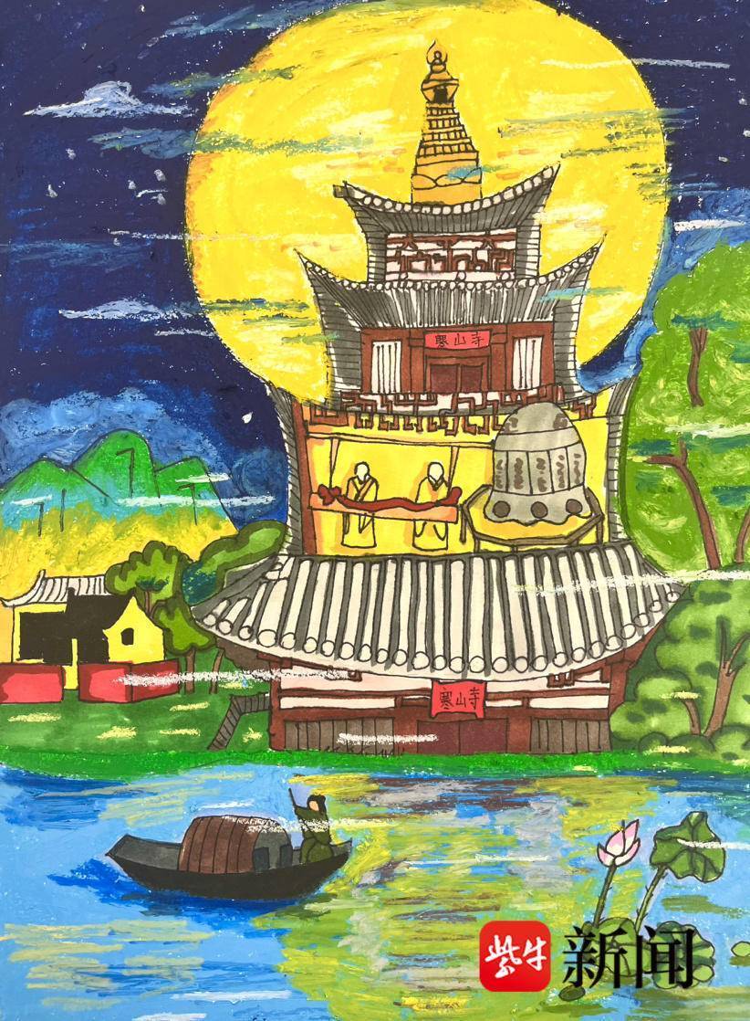 月光的清辉铺满旷野,寒山寺正矗立于青葱的树木之间,寺中僧人正在敲钟