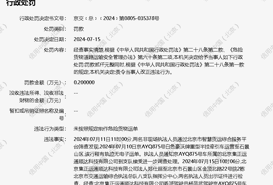 北京集正运通顺达科技有限公司被罚款02万元