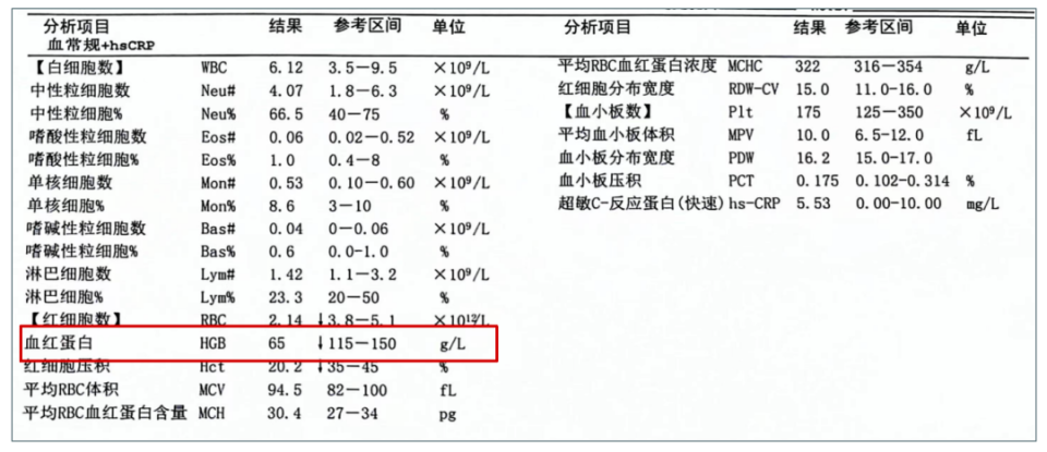 血常规:血红蛋白为65g/l(↓),提示贫血,详见图3