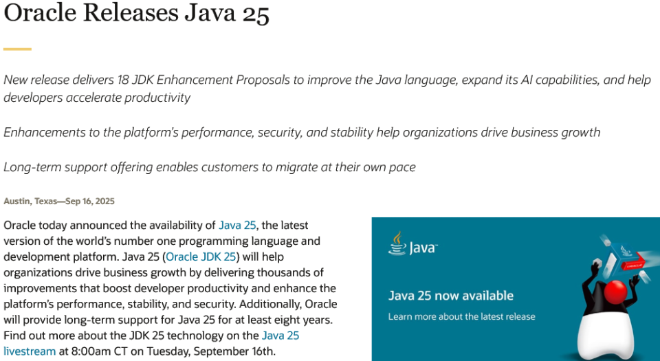 Java 30周年献礼：新LTS版本Java 25，服务器内存砍掉22%，AI开发起飞_腾讯新闻