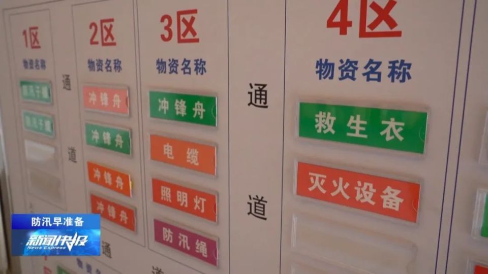 在市应急救援物资调配中心的防汛物资储备库内,照明灯,冲锋舟,救生衣