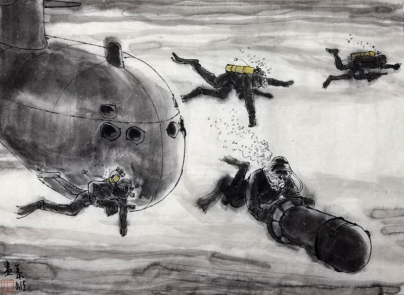 《难忘的鱼雷管出艇》组图之一 叶雄画家桑麟康的作品名叫《坐飞机的