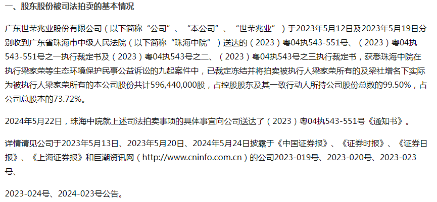 时隔一年,珠海中院决定将九案所冻结的世荣兆业股票分拆成三个标的