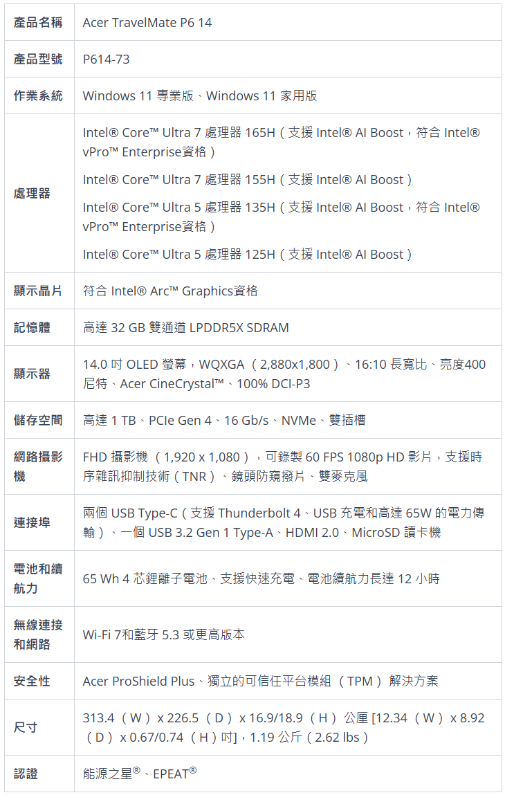 travelmate p6 14 英寸笔记本电脑搭载英特尔酷睿 ultra 5 / 7 处理器