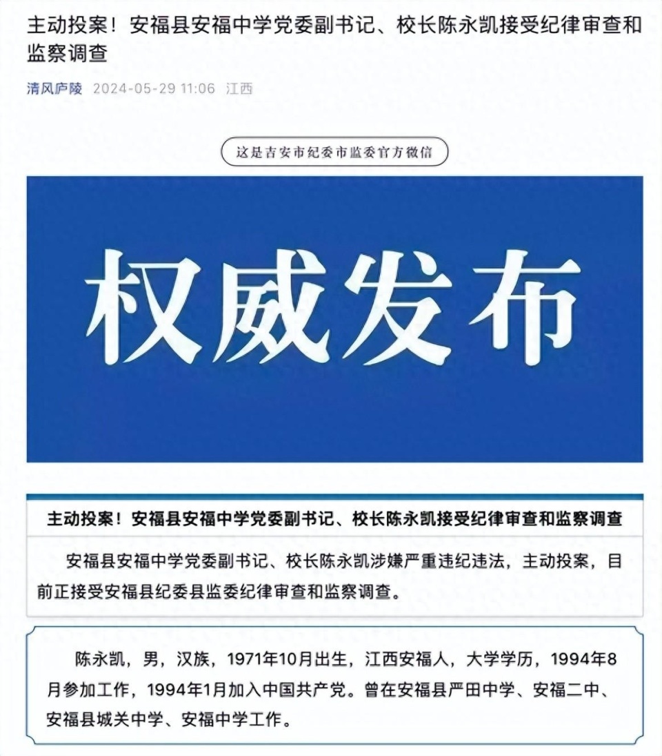 江西省安福中学党委副书记,校长陈永凯接受审查调查