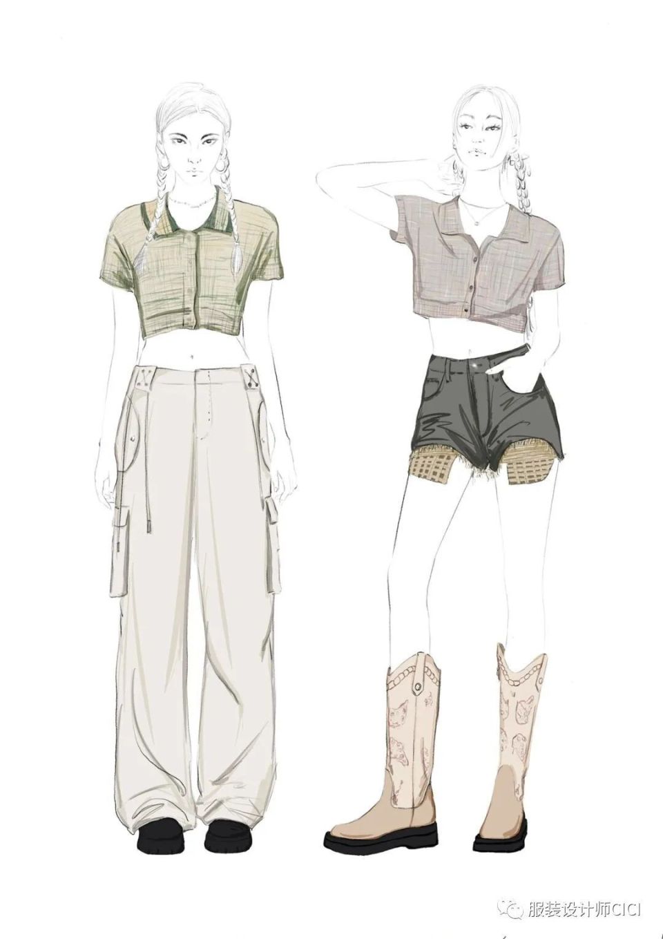 手绘 | 服装线稿与上色效果图