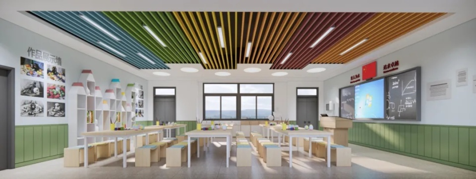 景观园等特色为基础构建出美育空间,以微机室,科学实验室,创客教室