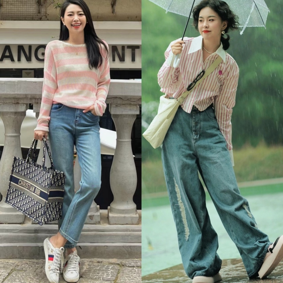 搭配技巧:在选择牛仔裤与彩色条纹衫搭配时,尽可能挑选简约款式,以免