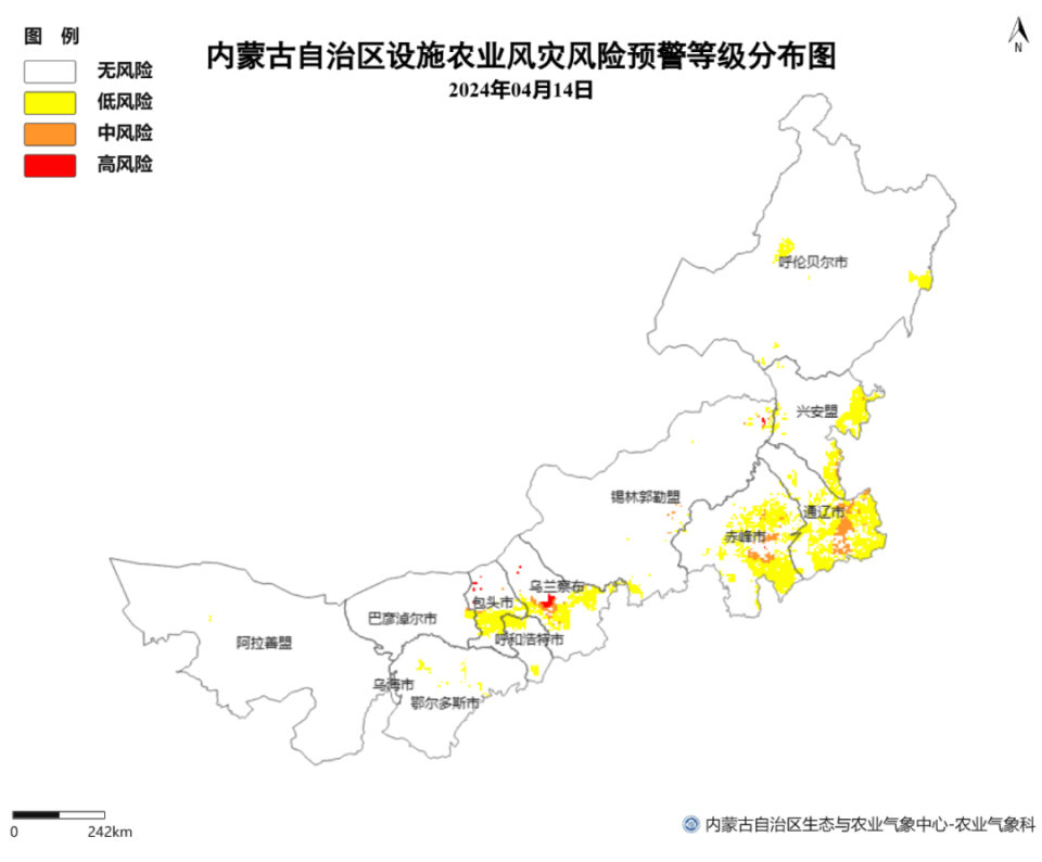 图24月14日内蒙古地区设施农业大风灾害风险预警等级分布图图34月15日