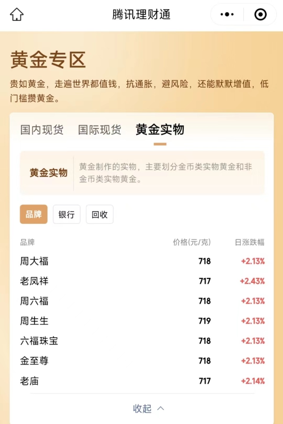 一口价黄金饰品价格将上调