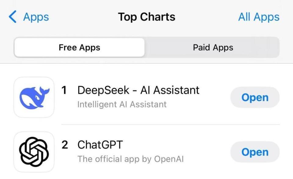 DeepSeek登頂蘋(píng)果App Store中國(guó)區(qū)和美區(qū)雙榜第一