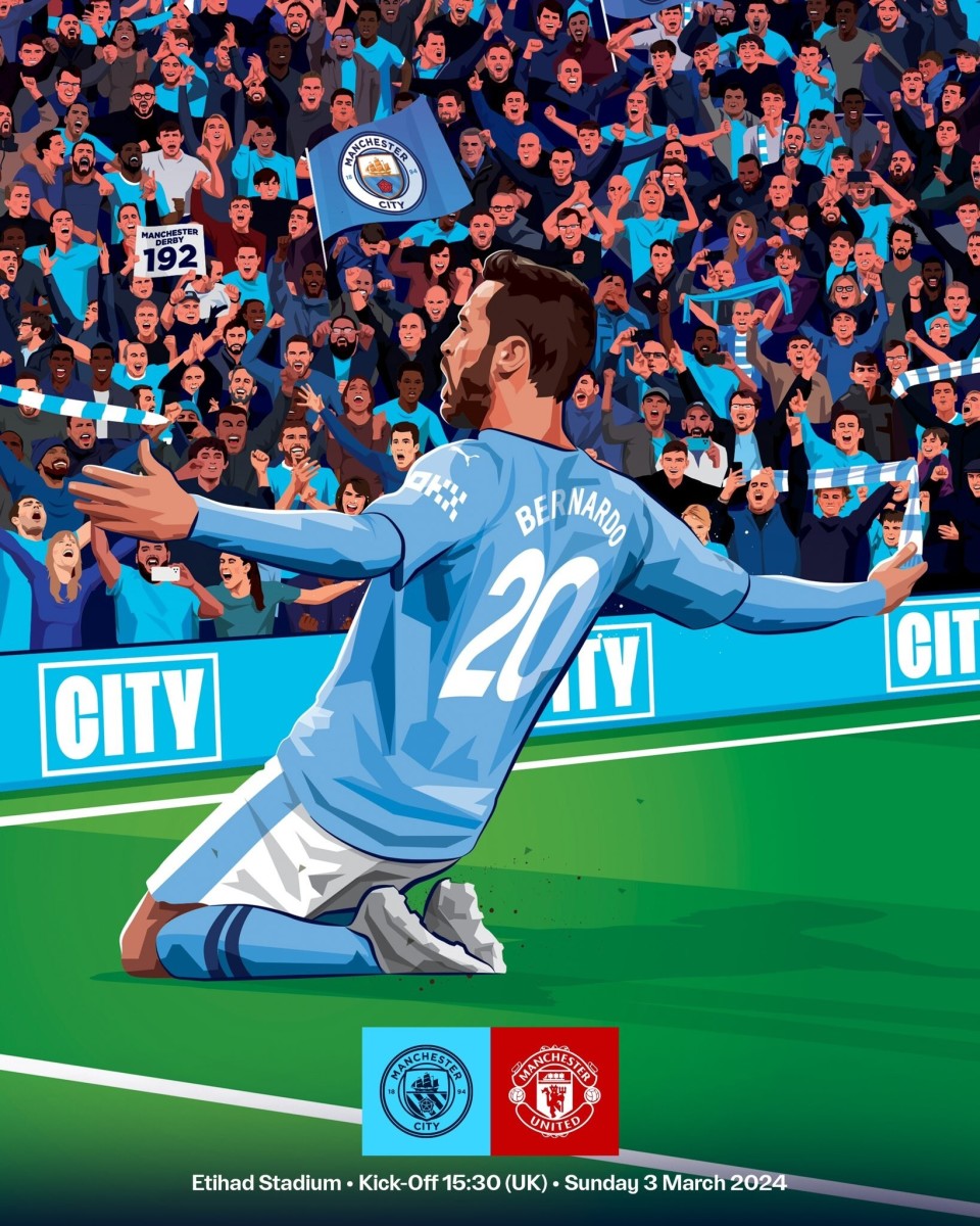 第192次曼市德比,曼城官方发布预热海报:b席单人出镜