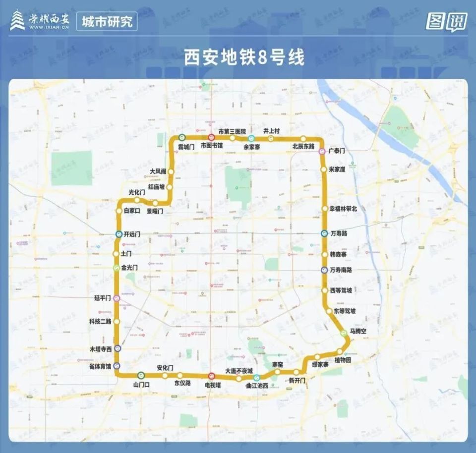 西安地铁8号线,全长约50公里,设车站37座,其中换乘站18座,设车辆逗屯