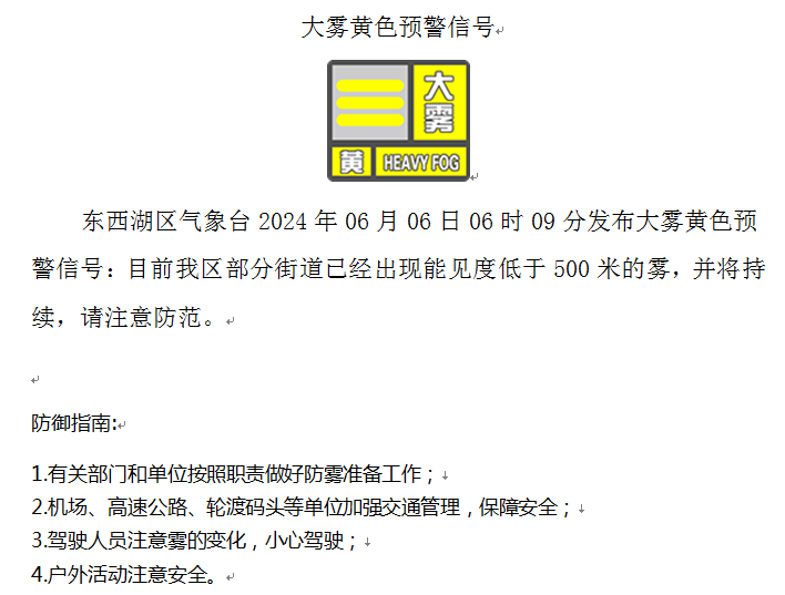 大雾黄色预警!东西湖区部分街道能见度低于500米