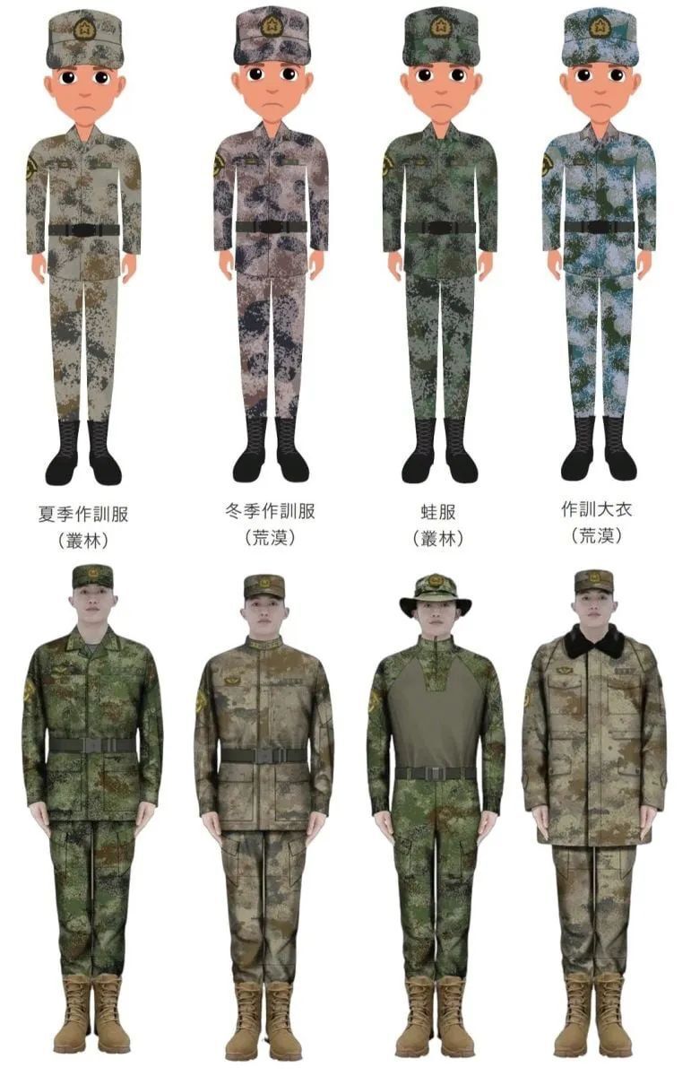 只有标示"夏季作训服"的迷彩图案是解放军现役的21式作训服,但标示的