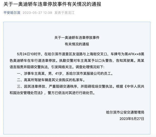 哈尔滨副市长违停还怒怼交警？警方：涉事车主为服装公司员工内容是什么-313啦实用网