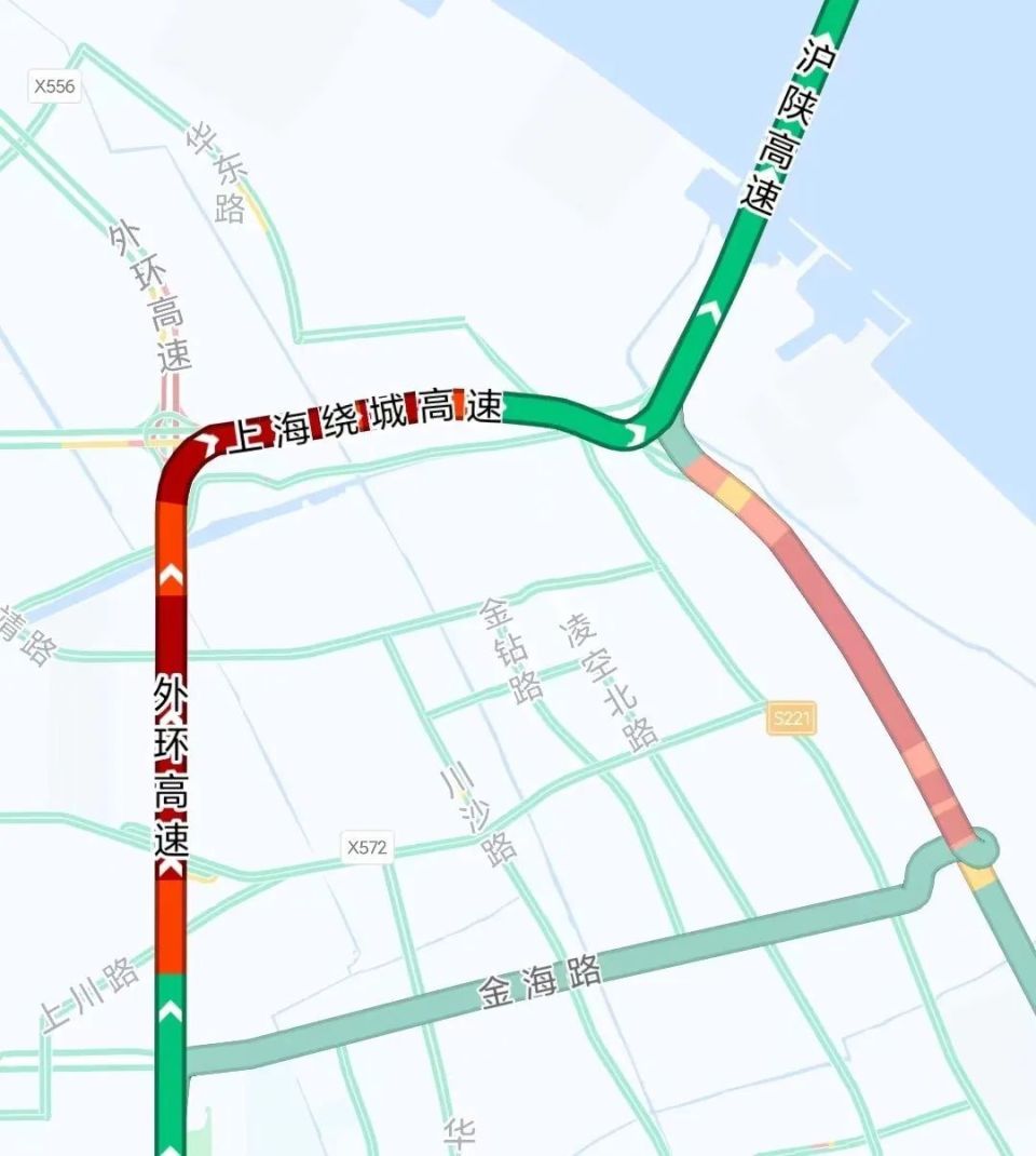 今天中午前,g40崇明方向车流已开始稳步上升,五洲大道,s20外环高速,g
