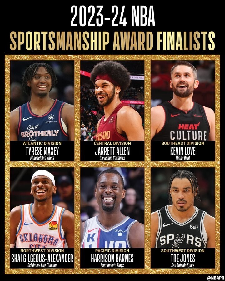 nba公布本赛季体育精神奖入围名单乐福阿伦等6人入选
