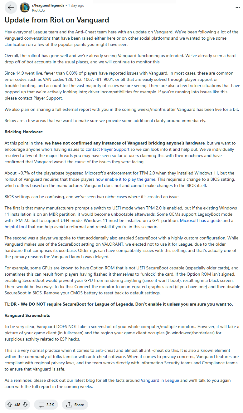 拳头否认《英雄联盟》游戏反作弊程序Vanguard会导致电脑无法启动-腾讯新闻