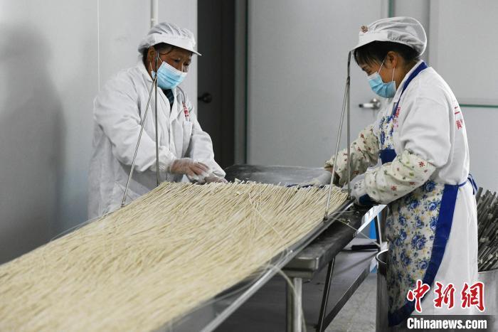 中新网记者周毅摄图为黄精面条生产车间,工人检查面条风干情况.