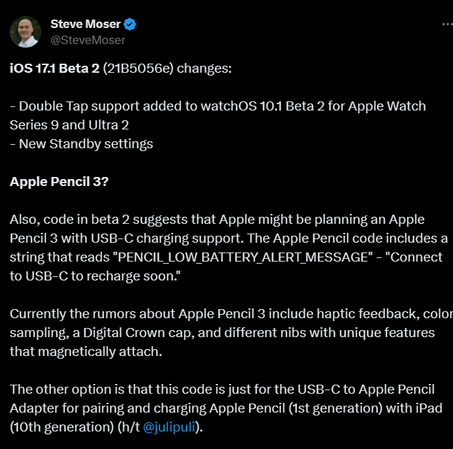 iOS 17.1 Beta 代码曝光使用USB-C 接口的苹果Apple Pencil-腾讯新闻