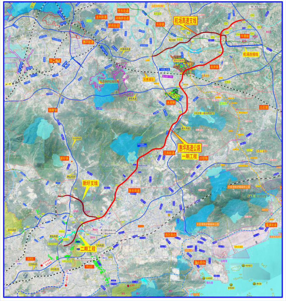 惠坪高速路线图↑项目分两期建设,一期工程为1号公路(惠霞高速)至深圳