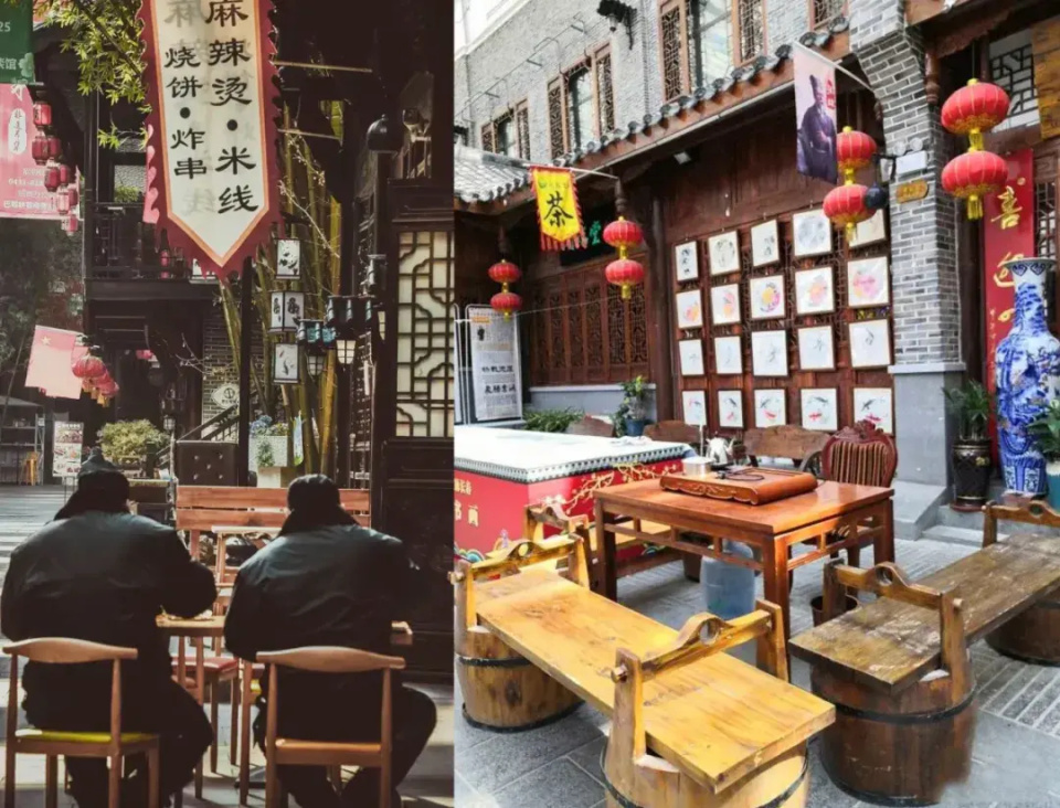 屋后,假山耸立古朴的壁灯照亮街面极具巴蜀特色的客栈林立在街边好看