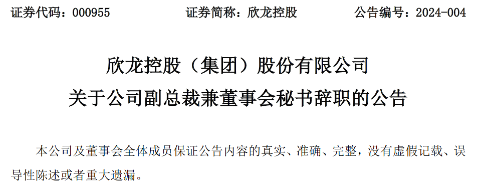 欣龙控股集团股份有限公司副总裁董事会秘书李翔辞职