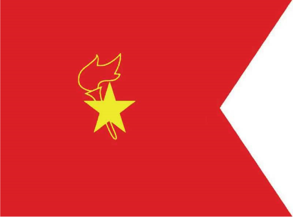 大队旗的旗中心是五角星和火炬,中队旗的右端呈等腰三角形缺口,五角星