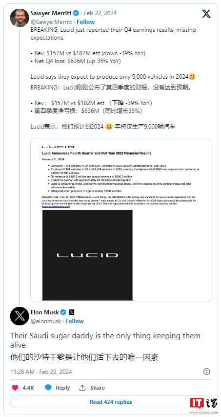 马斯克犀利点评竞争对手:lucid靠沙特金主续命,rivian命不久矣_腾讯