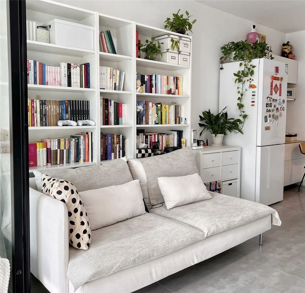 北京大妞改造60㎡老破小客厅沙发后面放书柜隐藏收纳小零碎
