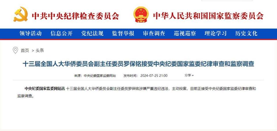 十三届全国人大华侨委员会副主任委员罗保铭主动投案