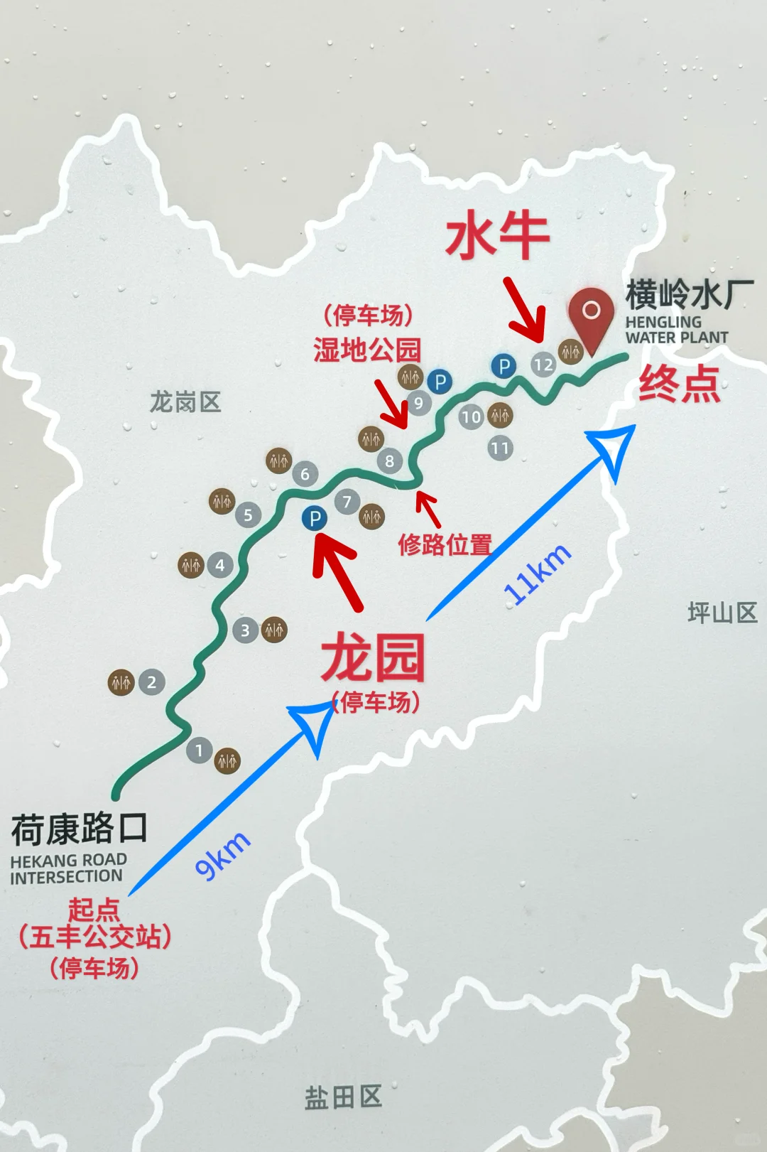 龙岗河碧道入口导览图-三大核心入口定位及交通指引