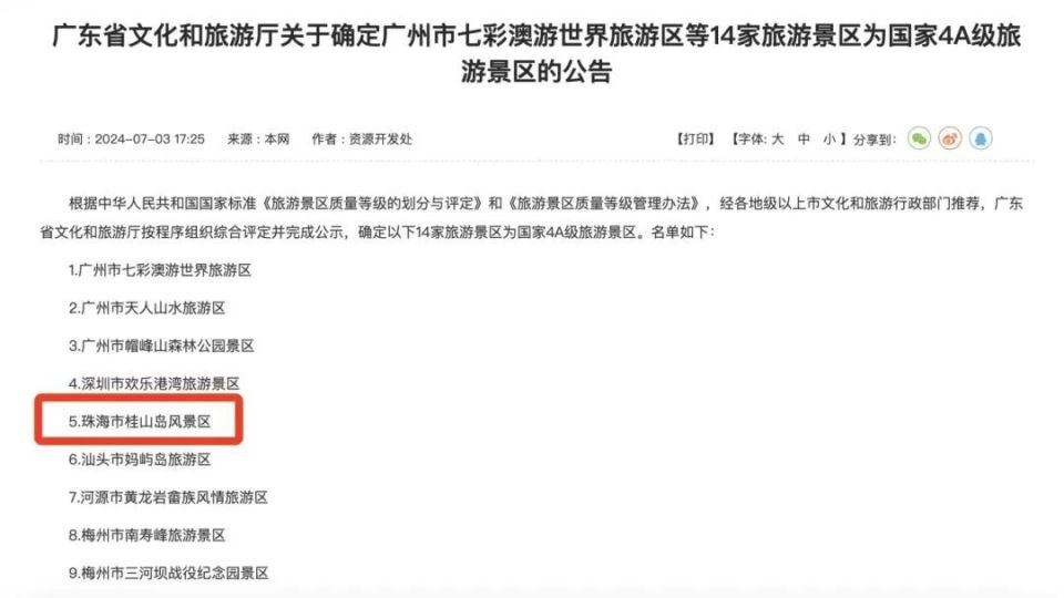 其中,珠海市桂山岛风景区入选!国家4a级旅游景区.