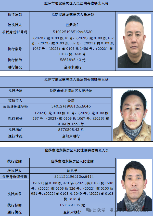 堆龙德庆区人民法院公开发布失信被执行人名单(2024年第2期)